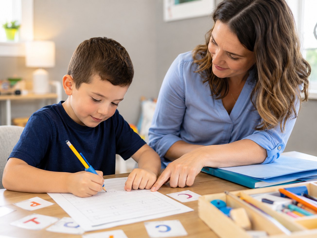 Child practicing writing during dysgraphia support