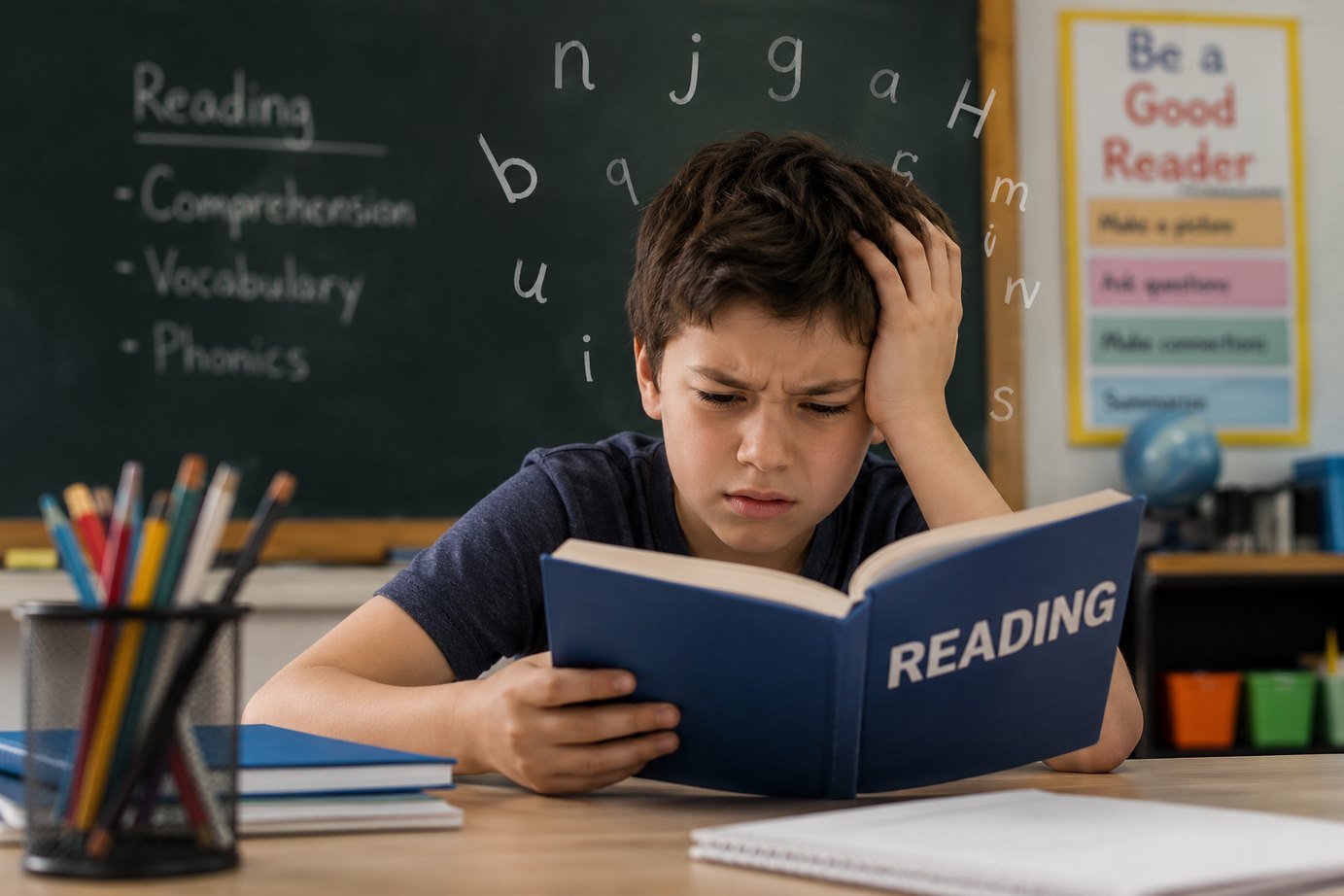 Child working through school reading difficulty support
